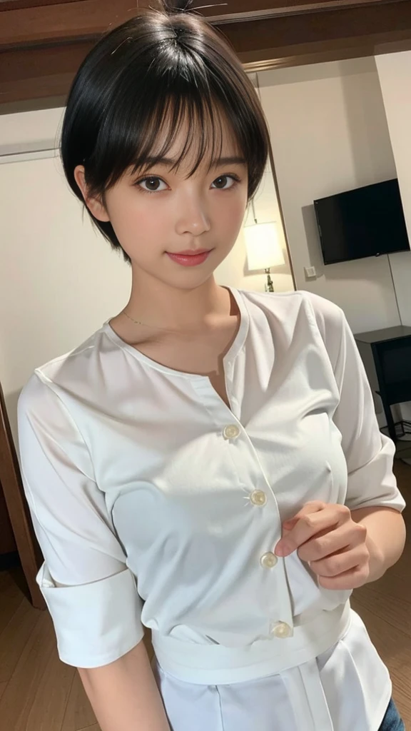 (masterpiece:1.3), (8K, Realistic, RAW Photos, Highest quality: 1.4), Japanese, (One girl), Beautiful Face, (Realistic Face), (Black Hair, short hair:1.3), Beautiful hairstyle, Realistic eyes, Beautiful attention to detail, (Realistic Skin), Beautiful Skin, Charm, Ultra-high resolution, Ultra-realistic, Very detailed, Golden Ratio, (Detailed face:1.2),View your viewers,smile,Open white shirt,Medium chest,Are standing,Hands on hips
