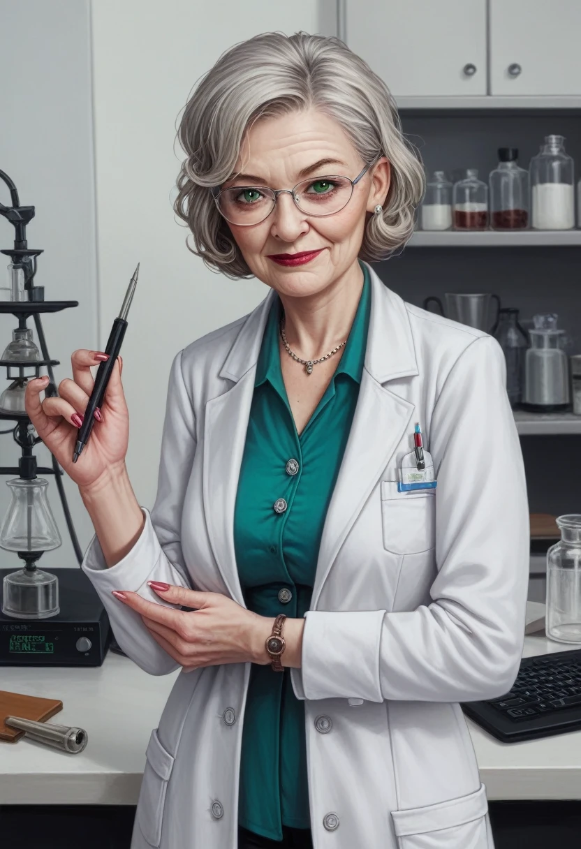 hyperrealistic art cinematic film still lower angle photography in the style of detailed hyperrealism photoshoot . (widehips) Extremely high-resolution details, photographic, realism pushed to extreme, fine texture, incredibly, elderly frail wrinkle woman, short gray hair, ((lab coat with green blouse)), in dark laboratory