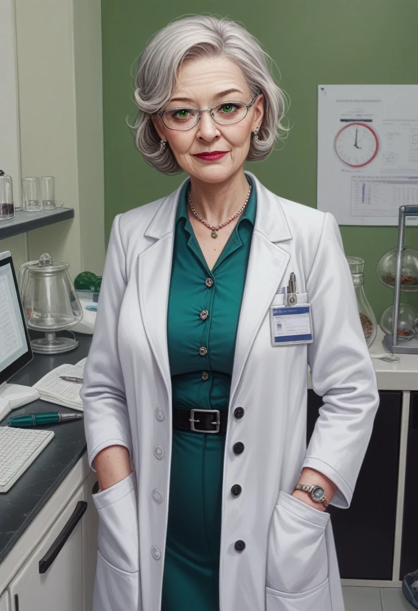 hyperrealistic art cinematic film still lower angle photography in the style of detailed hyperrealism photoshoot . (widehips) Extremely high-resolution details, photographic, realism pushed to extreme, fine texture, incredibly, elderly frail wrinkle woman, short gray hair, ((lab coat with green blouse)), in dark laboratory