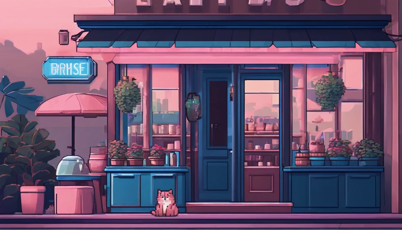 Pixel art, coffee shop,cat barista,blue and pink, minimalist photography,lofi cozy scenes,morden Japanese anime style
