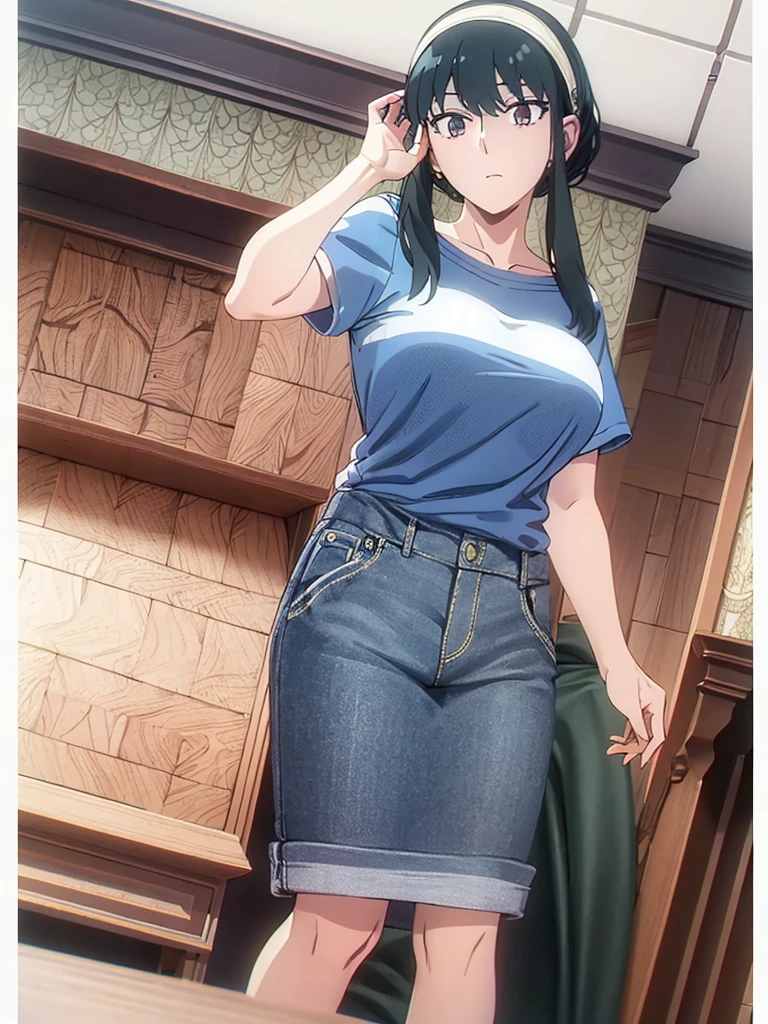 ((best quality)), ((masterpiece)), (detailed), ( Yor forger ) , big breasts , wearing short sleeves white printed t-shirt and blue jeans , in home , looking at camera