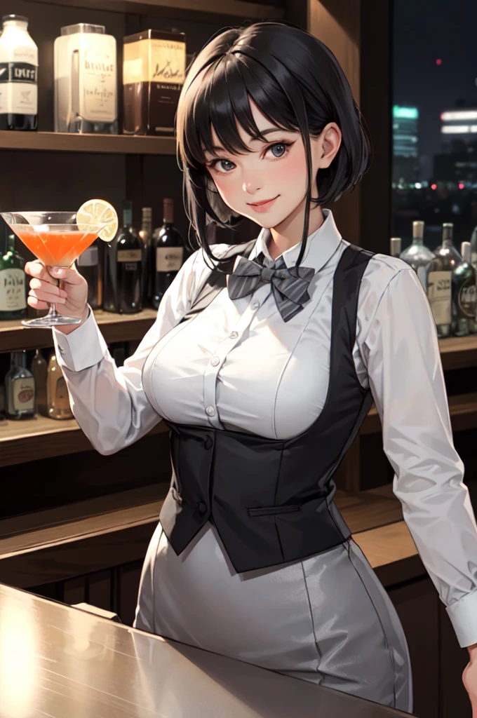 1lady solo standing, bartender /(formal outfit grey vest bowtie/), mature female, /(black hair/) bangs, kind smile, (masterpiece best quality:1.2) delicate illustration ultra-detailed, large breasts BREAK /(bar counter/) /(cocktail glass/) indoors, night, detailed background