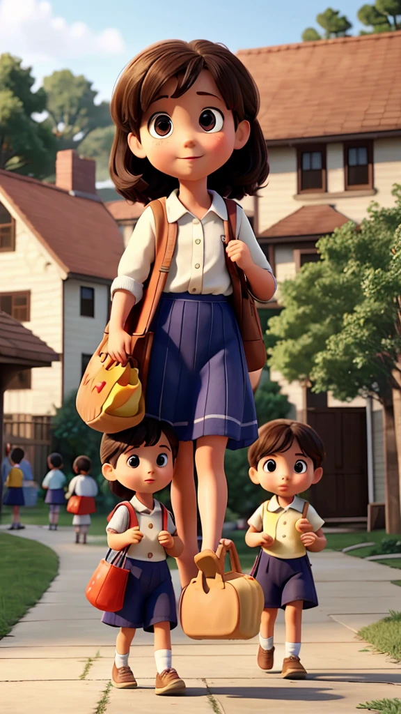 Children carrying their plastic bags with potatoes as they play outside during recess. Some children look slightly uncomfortable, while others try to ignore the bags. The scene is lively and dynamic.