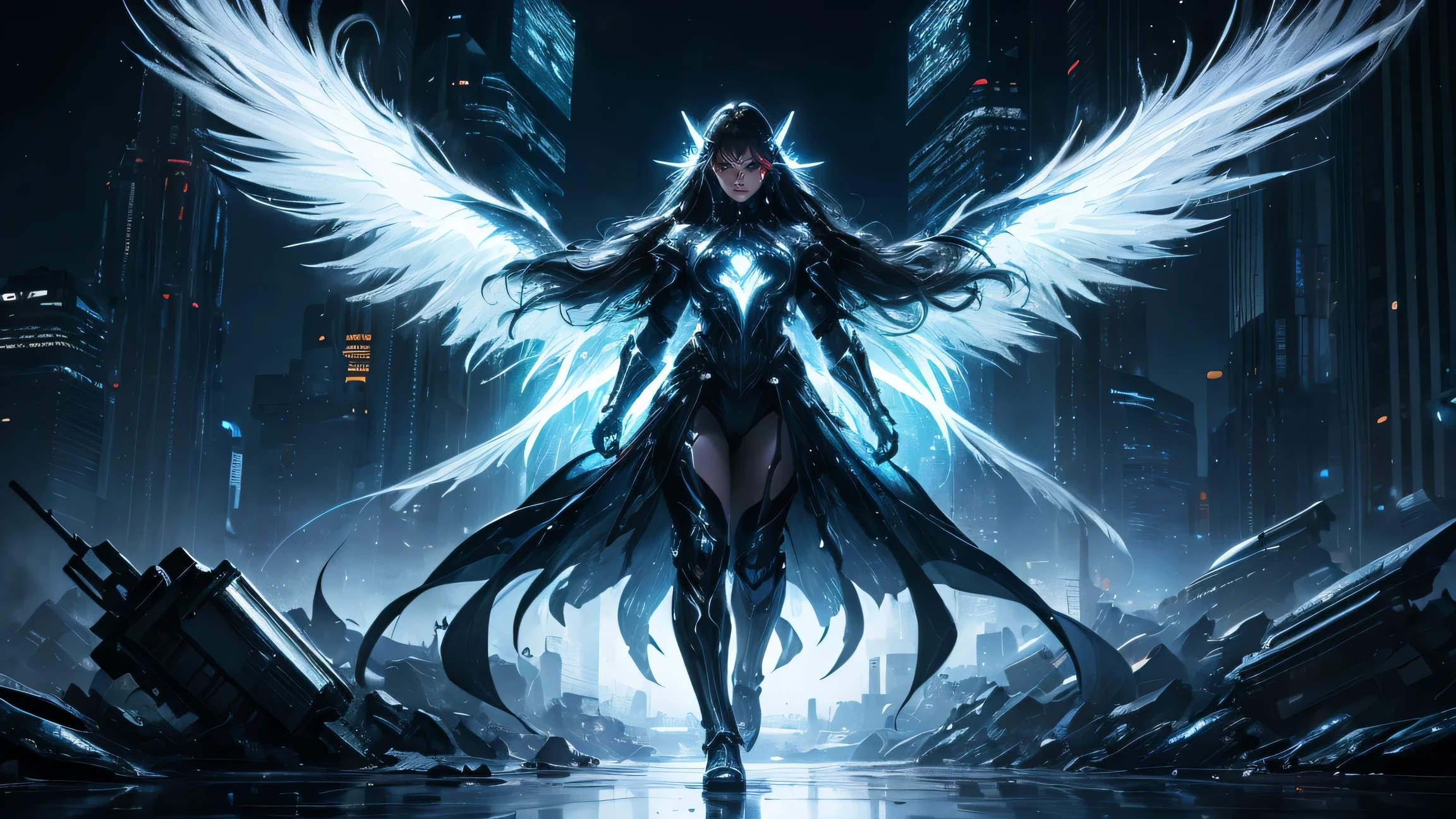 ((masterpiece, Highest quality, Best image quality, High resolution、4k)) One evil black masked angel、Glowing white wings、Glowing halo、Female body。Flowing White Cyber Robe、god々Shining with a bright light。Shiny advanced cybernetic enhancements. Seen in dynamic action poses, reflection on a smooth surface. The cityscape below is filled with towering skyscrapers., illuminated by colorful holographic advertisements, Shining with blue energy, Mighty power. The overall atmosphere is dark and mysterious., It had a futuristic techno vibe.. The lighting is dramatic, Intense highlights and deep shadows, Creates depth and tension