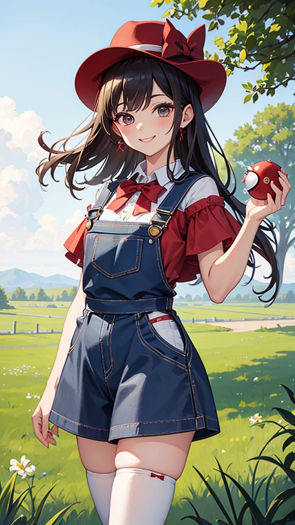 masterpiece, best quality, highres, ly01, overalls, white thighhighs, red bow, red off shoulder , hat bow, eyelashes, cowboy shot, outdoors, smile, holding poke ball, poke ball,looking at standing viewer sexy