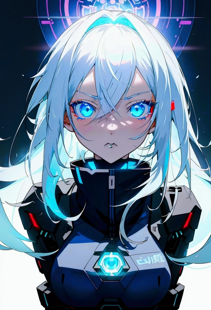 anime girl with blue eyes and white hair staring at the camera, cyberpunk art by Yuumei, trending on cgsociety, digital art, anime style 4 k, blue glowing eyes, glowing blue eyes, blue shining eyes, digital anime art, piercing glowing eyes, stunning anime face portrait, anime art wallpaper 4 k, anime art wallpaper 4k, luminescent blue eyes