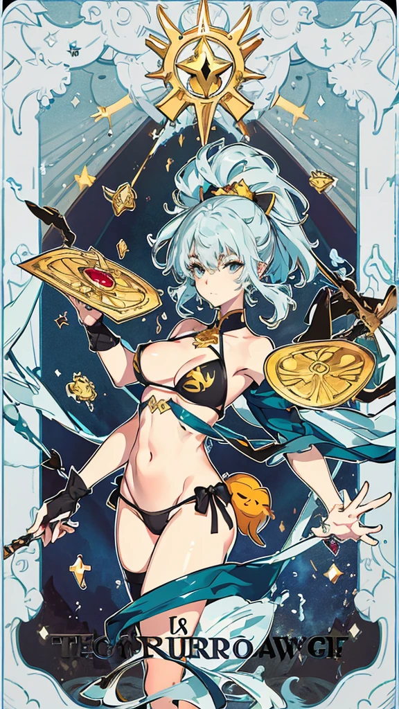 Scorpion、(Orange Hair 1.5)、tarot cards,Hands together,Vulcan salute,attention, There is a halo behind the head,finely_detailed, perfect_Body, perfect_Eye, perfect_Face, perfect_finger,Yu-Gi-Oh card game style、(((Voluminous breasts 1.8)))、(((micro bikini 1.4)))、(Saggy breasts 1.4)、(Cleavage 1.4),Seductive pose、Random Pause、cowboy shot、
(The Scorpion symbol is depicted on the card frame 1.3)、Three-dimensional depiction that seems to emerge from the card, ultra-detailed depiction, artistic、A pose that makes it seem as if the person is coming out of the card、The card frames are drawn in super-beautiful detail, perfect anatomy, perfect fingers, super beautiful faces, stunning beauties aged 16 to 30、Greek mythology sculpture style background、Super beautiful eyes, and the card frame features illustrations of the moon, sun, stars, and golden coins、The card frame features an illustration of a sword and shield、Card colors are random、Depicts the symbol of Scorpion、Write the letter Scorpion、Write Scorpion on the top of the tarot card.May the person who sees the tarot card be happy、Write the word "Scorpion" in embossed letters on the tarot card、Magic wand, spear, bow and arrow, guitar, fire, water, earth, wind, dagger, pen, sword, crossbow, large shield, gloves, fishnet stockings、Flowers, leaves, good luck, four leaf clover、Scattering jewels、Diamond, ruby, sapphire, topaz, blue sapphire, pearl, crystal,Virgo sign tattoo on body、Random hair color、Rainbow, red, blue, orange, yellow, purple, green, gold, silver, light blue, brown, white, yellow-green, navy blue, pink,