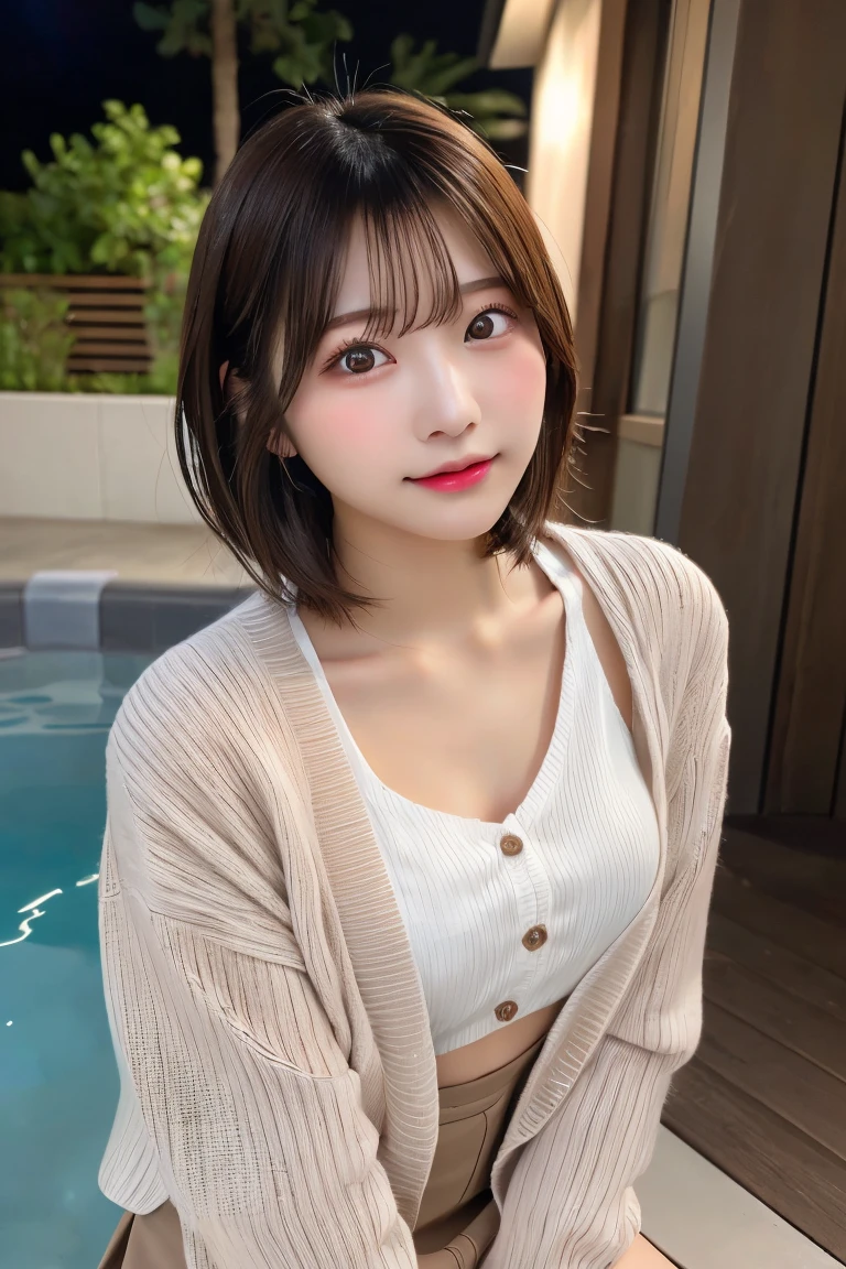 Highest quality、（beautiful）、Precision Eyes、Fine skin、Brown eyes、22-year-old female、Brown Hair、looking at the camera、Gal、Semi-short hair、Long sleeve cardigan、mini skirt、Removed button、hot spring、Lips without makeup