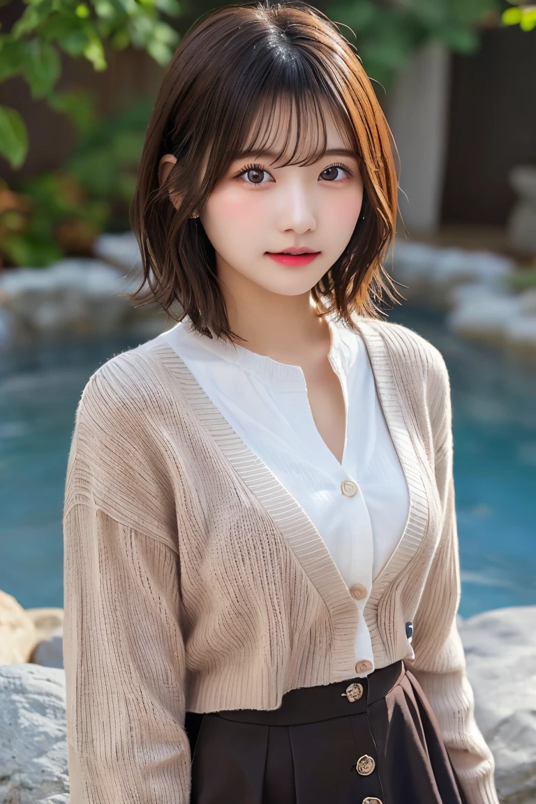 Highest quality、（beautiful）、Precision Eyes、Fine skin、Brown eyes、22-year-old female、Brown Hair、looking at the camera、Gal、Semi-short hair、Long sleeve cardigan、mini skirt、Removed button、hot spring、Lips without makeup