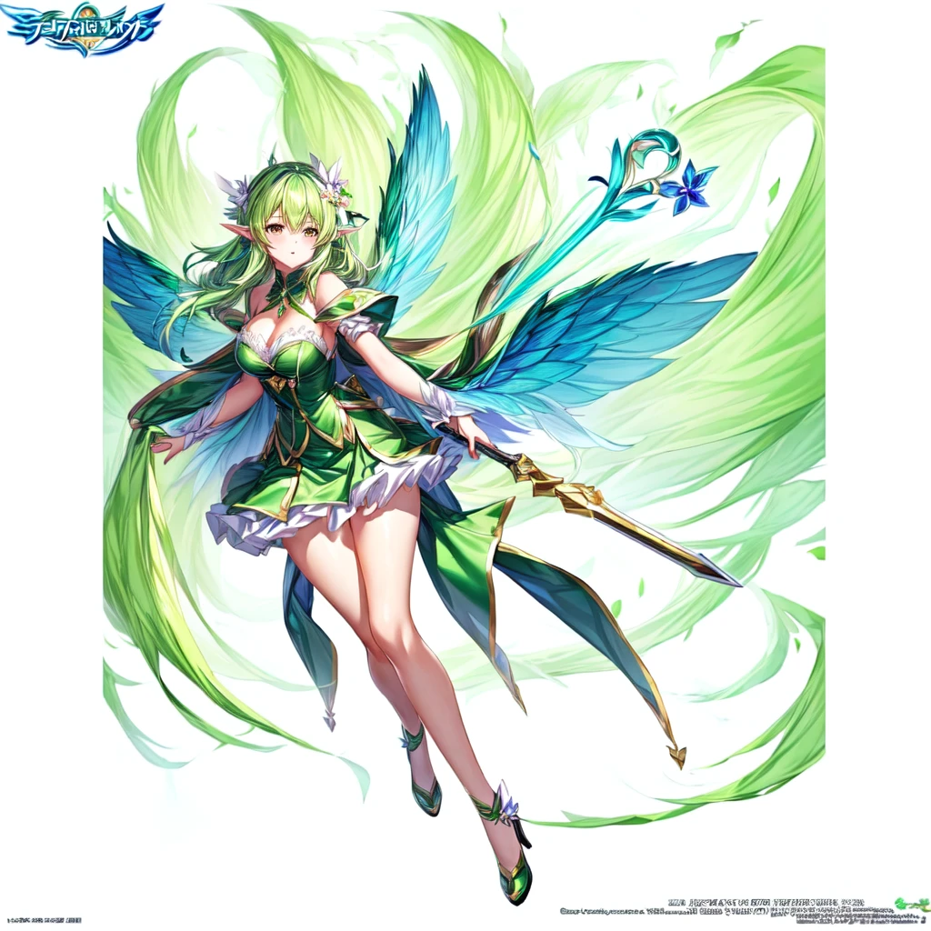 Anime girl with green hair and green wings holding a flower, Elf character, Maple Story Character Art, Official Art, Elf Girl wearing an flower suit, lady powder, 像Fairy一样微笑, Official Artwor末, Elf, Official Character Art, Fairy, Fairyrie, Elf Girl, Elf Art, Fairy,Glowing all over,Hair texture,Weapon side length