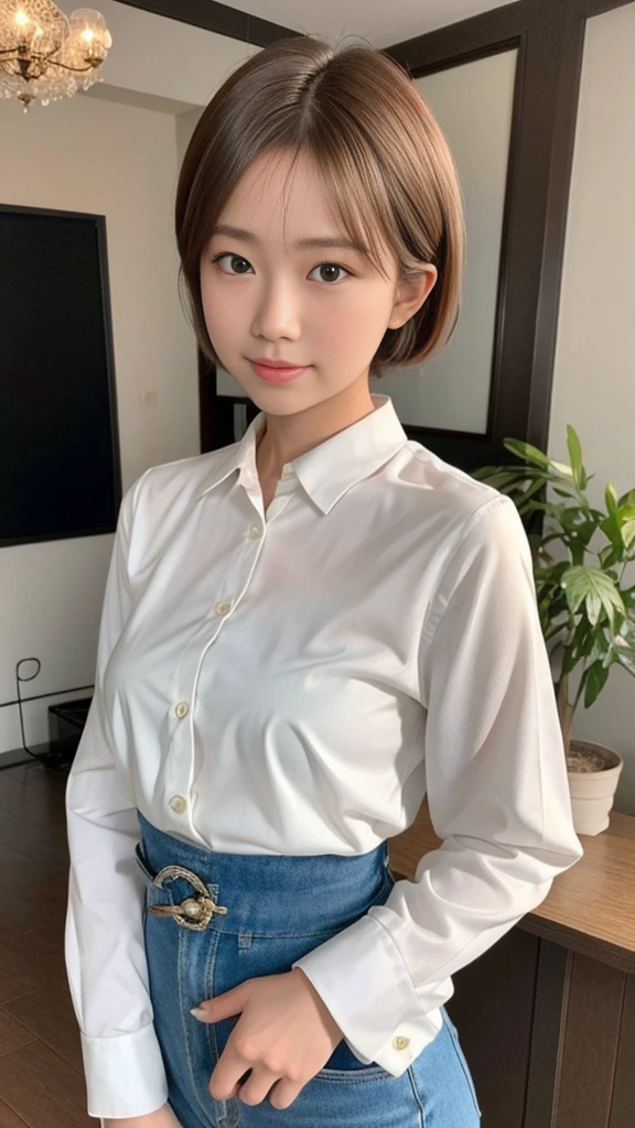 (masterpiece:1.3), (8K, Realistic, RAW Photos, Highest quality: 1.4), Japanese, (One girl), Beautiful Face, (Realistic Face), Beautiful hairstyle, Realistic eyes, Beautiful attention to detail, (Realistic Skin), Beautiful Skin, Charm, Ultra-high resolution, Ultra-realistic, Very detailed, Golden Ratio, (Detailed face:1.2),View your viewers,smile,Open white shirt,Medium chest,Are standing,Hands on hips