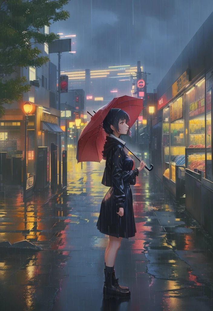 Anime girl standing with an umbrella in the rain in the night city, Anime Style 4 k, A rainy street in the background, anime art wallpaper 4k, anime art wallpaper 4k, Tokyo Anime Scene, アニメアート壁紙 8K, Rainy night, Rainy night, Anime Style. 8K, 4k anime wallpaper, Rain falls late at night, anime wallpaper 4k, anime wallpaper 4k