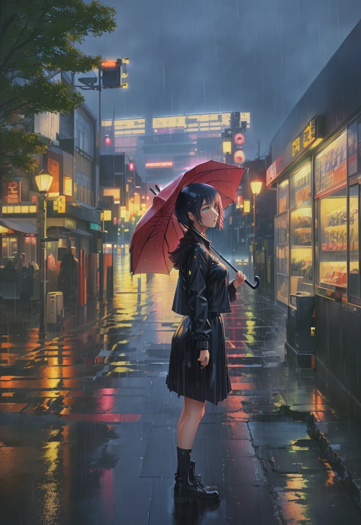 Anime girl standing with an umbrella in the rain in the night city, Anime Style 4 k, A rainy street in the background, anime art wallpaper 4k, anime art wallpaper 4k, Tokyo Anime Scene, アニメアート壁紙 8K, Rainy night, Rainy night, Anime Style. 8K, 4k anime wallpaper, Rain falls late at night, anime wallpaper 4k, anime wallpaper 4k