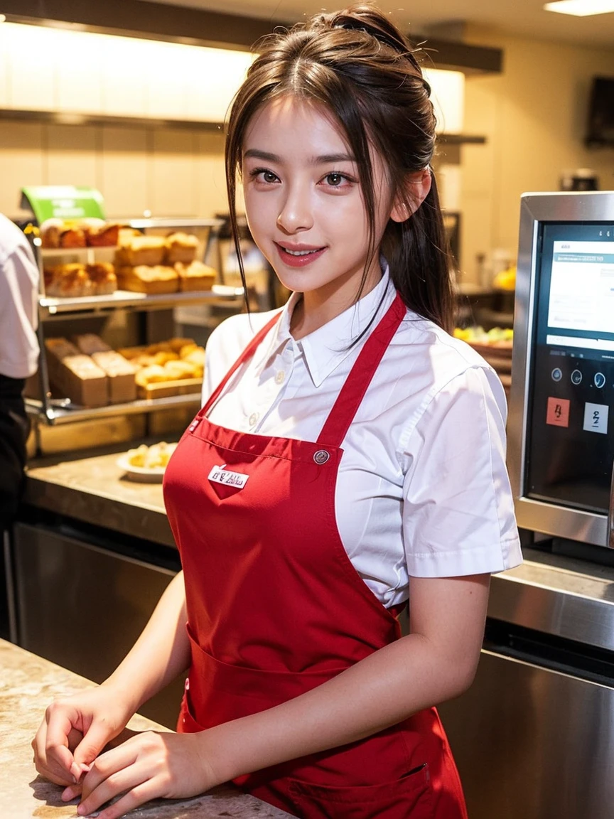 (Ultra-high resolution), (masterpiece), (Attention to detail), (high quality), (最high quality), ((Upper Body Shot)) , One Girl, Generate images of female employees working in bright and clean fast food restaurants。she、Red uniform shirt, cap, ponytail, Name tag, Wearing an apron。In the background of the store、counter, cash register, Menu Board, There is a drink dispenser、Serve customers with a smile。