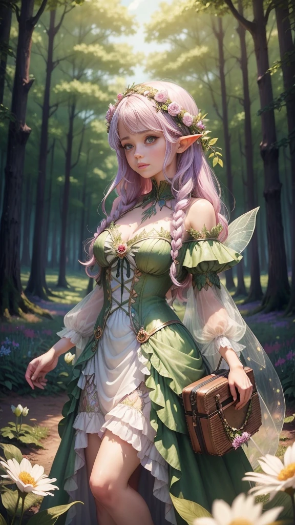 there is a woman dressed in a fairy costume standing in a field of flowers, a pastel by Marie Angel, trending on cg society, fantasy art, beautiful adult fairy, forest fairy, beautiful fairy, beautiful fairies, faerie, forest fae, beautiful fairie, high quality costume, fey queen of the summer forest, fairy magnificent, portrait of a fairy