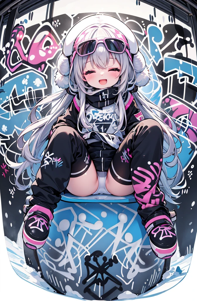 8K,(masterpiece),high resolution,best quality,(ultra-detailed),ultra detailed eyes,solo girl is jumping on the snowboard,(Draw a lot of graffiti on the snowboard:1.6),very smile,closed eyes,open mouth,dynamic pose,wide-shot,fisheye