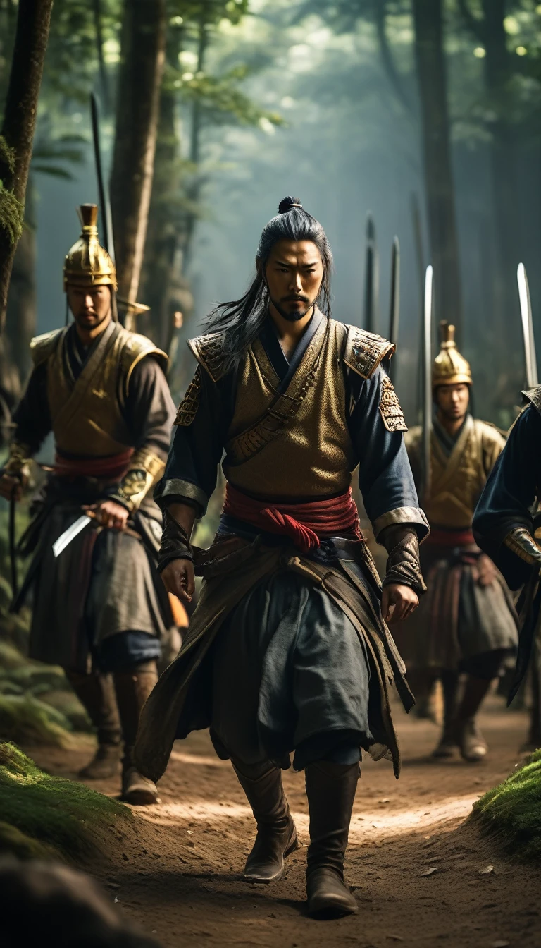 Hanzo Hatori leading Ieyasu and his retinue through a forest, evading pursuers, hyper realistic, ultra detailed hyper realistic, photorealistic, Studio Lighting, wearing a gold crown, reflections, dynamic pose, Cinematic, Color Grading, Photography, Shot on 50mm lens, Ultra-Wide Angle, Depth of Field, hyper-detailed, beautifully color, 8k