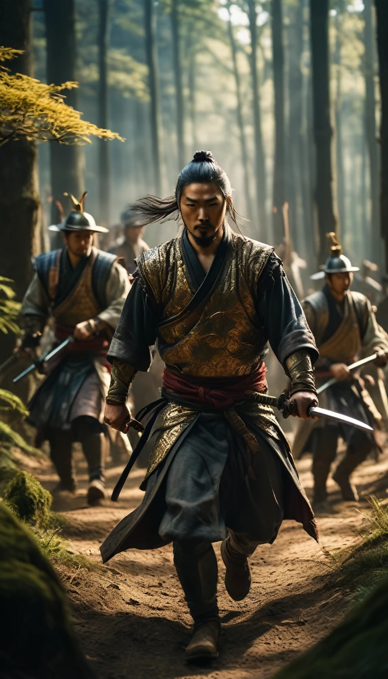 Hanzo Hatori leading Ieyasu and his retinue through a forest, evading pursuers, hyper realistic, ultra detailed hyper realistic, photorealistic, Studio Lighting, wearing a gold crown, reflections, dynamic pose, Cinematic, Color Grading, Photography, Shot on 50mm lens, Ultra-Wide Angle, Depth of Field, hyper-detailed, beautifully color, 8k