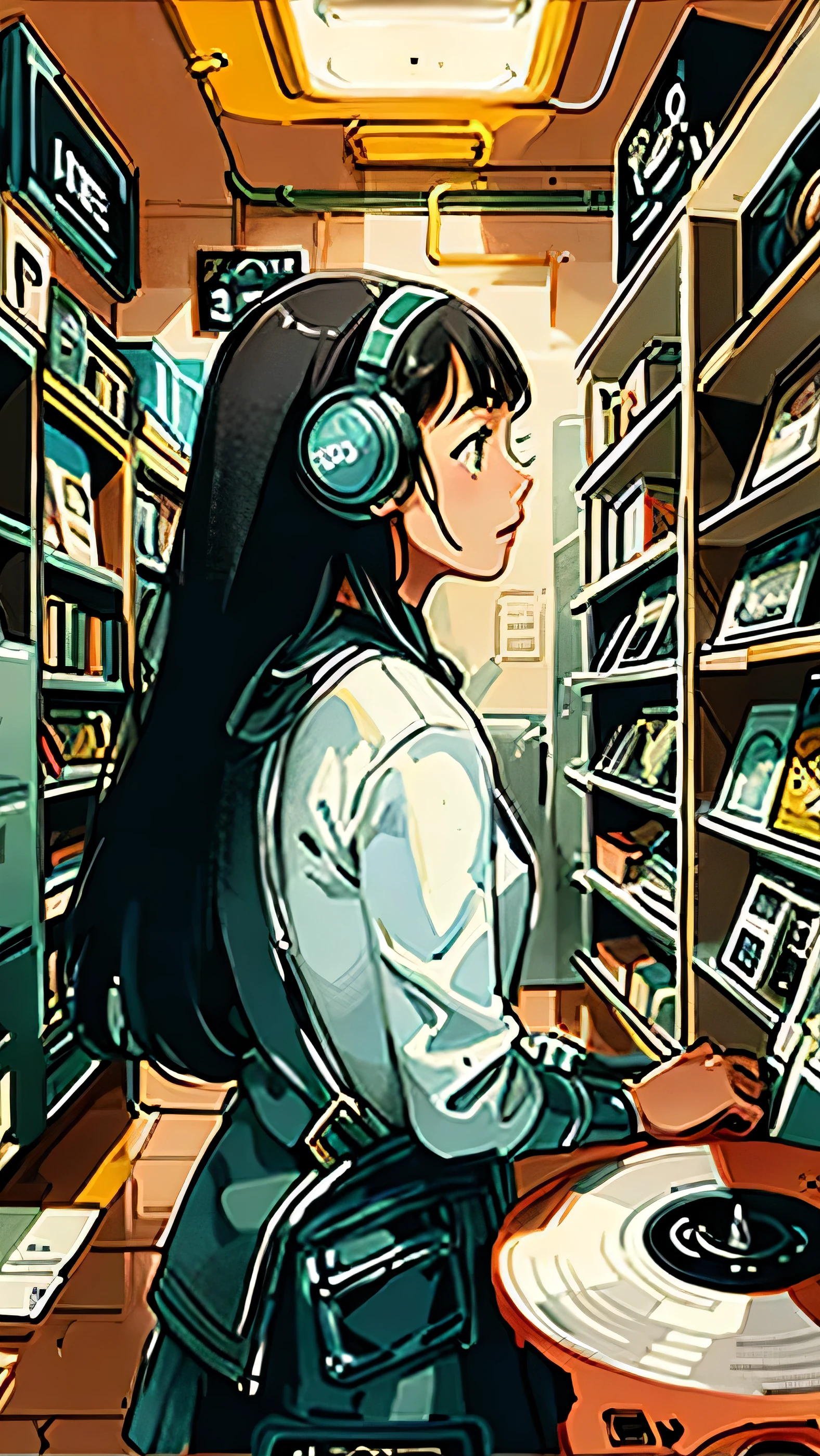 (Long Shot), Wide Shot, (film noise), Old cartoons, (Lots of records:1.3), vinyl record shop, (masterpiece, Highest quality, Highest quality, Official Art, beautifully、aesthetic: 1.2), (Woman listening to music with one headphone), Very detailed, (Fractal Art: 1.4), Supreme detail, guitar, (Note: 1.4), ( Lo-fi hip hop), Side view, Old Anime Texture, alone, speaker, cyber punk, vinyl