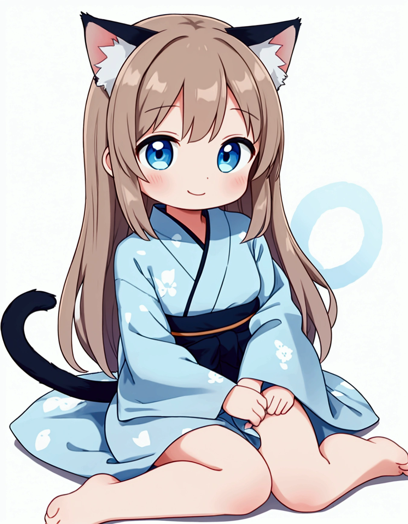 White background {Chibi-Chara} full-body figure with a single strand of ahair, semi-short, loose and fluffy, light brown, beaming smile, light blue eyes, woman in her 20s, sitting on the floor, long hem white yukata with cat ears and tail