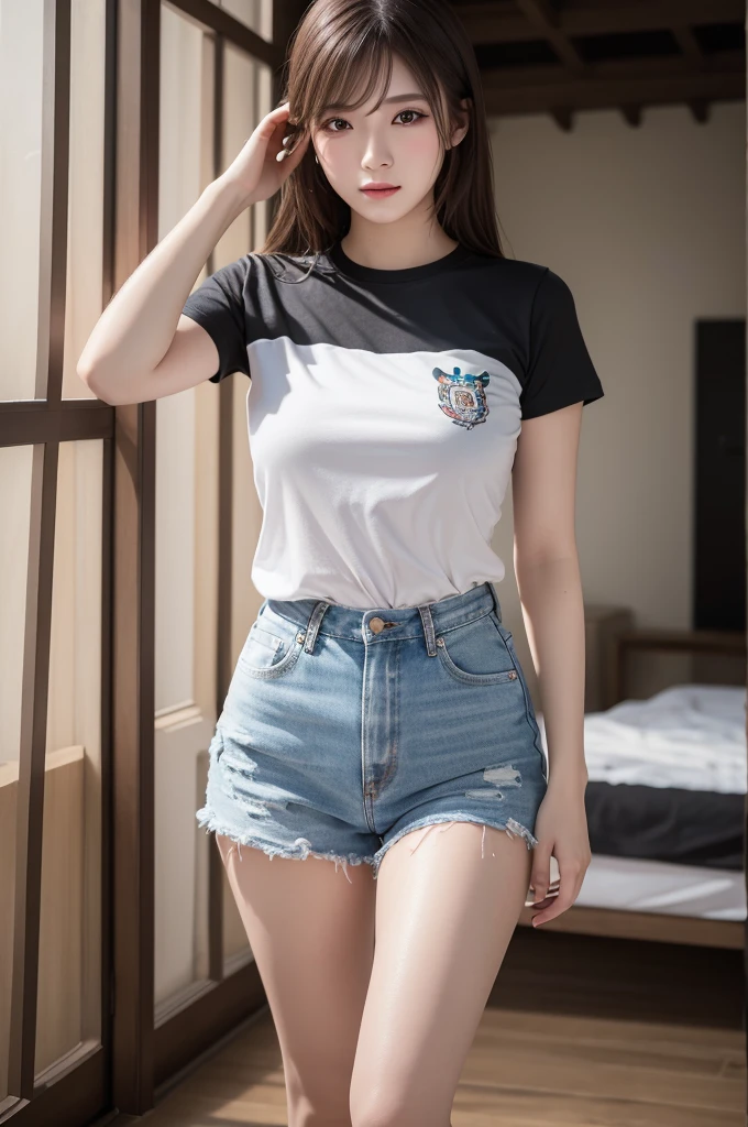 Highest quality, masterpiece, High resolution, 1 Girl,Tyndall effect,Realistic,,(High definition skin:1.2), 8K UHD, , Frank, High resolution, 4K, 8K,T-shirt,Full body photo.Real