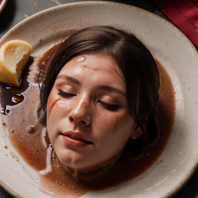 decapitated female head on a plate, beautiful face, covered in flesh, ((eyes closed)), served like a food dish, bloody, photorealistic, 4K, Nikon, horror