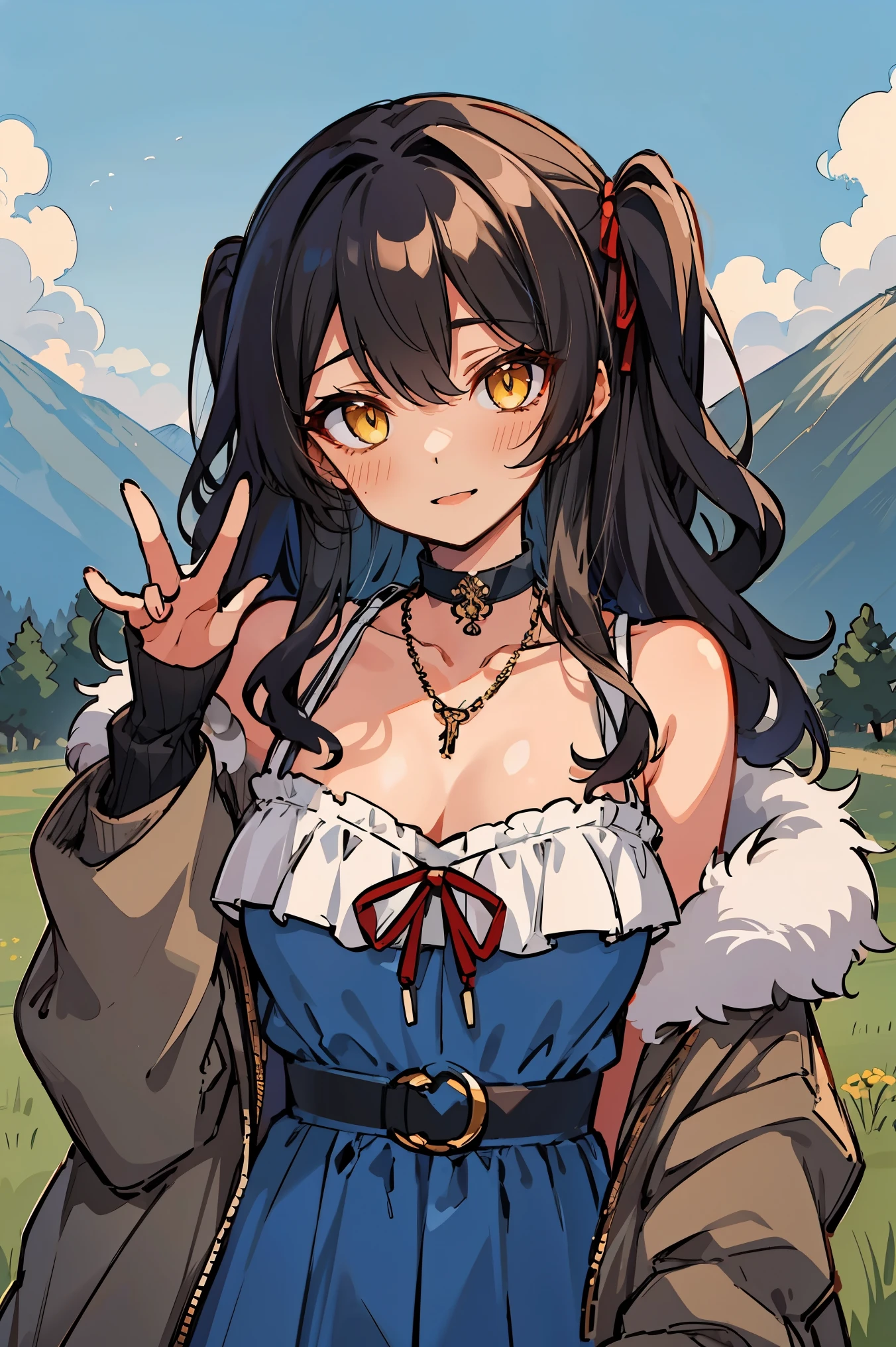 (masterpiece:1.2), (high quality:1.2), (hui xiyi:0.7), rekkyo sensen, rekkyou sensen, girls with((black hair, (wavy long hair, one side up:1.3), bare shoulders, breasts, choker, cleavage, coat, collar, collarbone, cowboy shot, dress, blue clothes, frills, red bow, red ribbon, neck ribbon, fur, fur collar, fur trim, hood down, hooded jacket, hoodie, jacket, large breasts, long hair, long sleeves, belt, suspenders, medium breasts, medium hair, necklace, open clothes, open hoodie, sleeveless, solo, winter clothes, zipper, cleavage, upper body, hand up, waving, palm)), background with((architecture, blue sky, bush, castle, village, no humans, cloud, cloudy sky, day, field, garden, grass, hill, house, lamppost, landscape, mountain, mountainous horizon, nature, no humans, outdoors, scenery, shrine, sky))