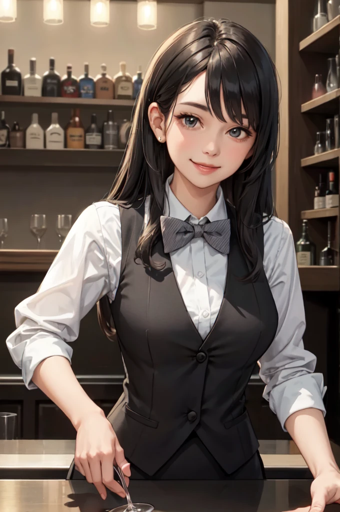 1lady solo standing, bartender /(formal outfit grey vest bowtie/), mature female, /(black hair/) bangs, kind smile, (masterpiece best quality:1.2) delicate illustration ultra-detailed, large breasts BREAK /(bar counter/) /(cocktail glass/) indoors, night, detailed background