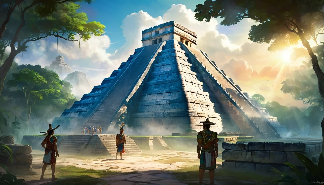 The Lost City of Chichen Itza is the heart of the ancient Mayan civilization, hidden in the dense jungle. Players will enter the world, where every corner is imbued with history and myths. In the center of the city rises the majestic Pyramid of Kukulcan, surrounded by temples and palaces, decorated with carvings and frescoes, telling about the exploits of gods and heroes, digital painting, location, location из игры, большая location, glowing effects in the background, fog in the foreground with glow effects, colorful, cute style, anime style, огромная игровая location, shimmering treasures, attention-grabbing