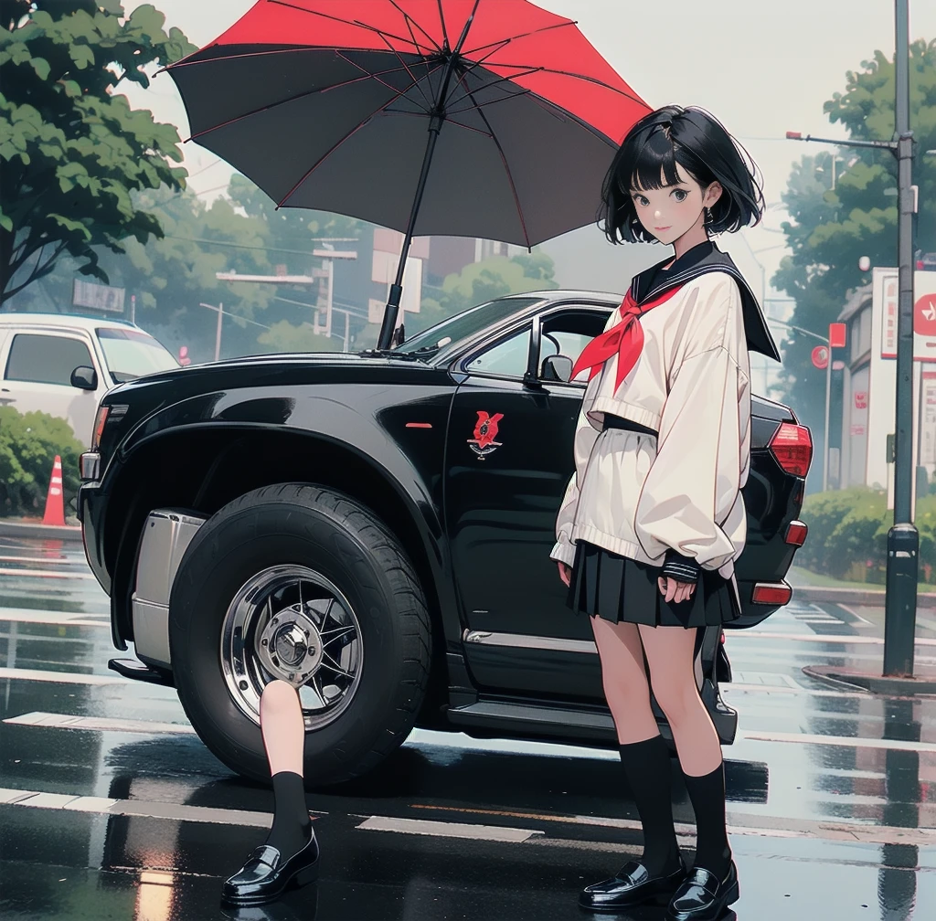 1girl, solo, looking at viewer, short hair, bangs, skirt, shirt, black hair, long sleeves, holding, , standing, full body, pleated skirt, outdoors, shoes, serafuku, socks, blunt bangs, black skirt, sailor collar, black footwear, from side, tree, neckerchief, kneehighs, black shirt, night, umbrella, ground vehicle, black socks, loafers, building, motor vehicle, red neckerchief, reflection, rain, black sailor collar, black serafuku, holding umbrella, car, road, street, red umbrella, vending machin