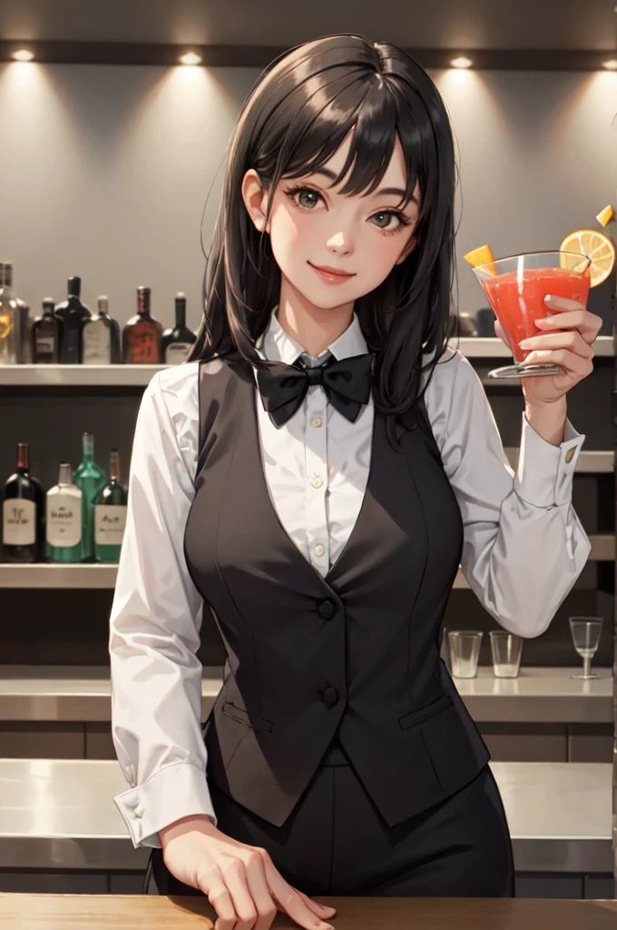 1lady solo standing, bartender /(formal outfit grey vest bowtie/), mature female, /(black hair/) bangs, kind smile, (masterpiece best quality:1.2) delicate illustration ultra-detailed, large breasts BREAK /(bar counter/) /(cocktail glass/) indoors, night, detailed background