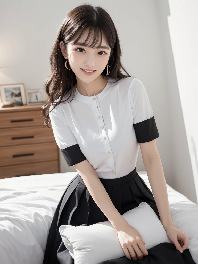 (Highest quality:1.9)、(High resolution)、Live-action image quality、((20-year-old woman、1 person))、Soft lighting by a professional photographer、Natural light、((Very spacious white luxurious room:1.6))、((Bright white room:1.6))、(Standing in front of a very luxurious white bed:1.2)、(White bookshelf background:1.1)、Natural soft light、((Black Hair Color:1.1))、Fair skin、Detailed Eyes、double eyelid、Slightly puffy cheeks、((Small Face:1.0))、((White short-sleeved shirt、Please wear it with the chest open.:1.7))、((White and black striped skirt:1.2))、(Cute Smile)、((Girly pose 1.8))、((Long curly hair:1.1))、((Full Body Shot:1.2))、((Height: 165cm))、Hands in front、Hold hands between legs、