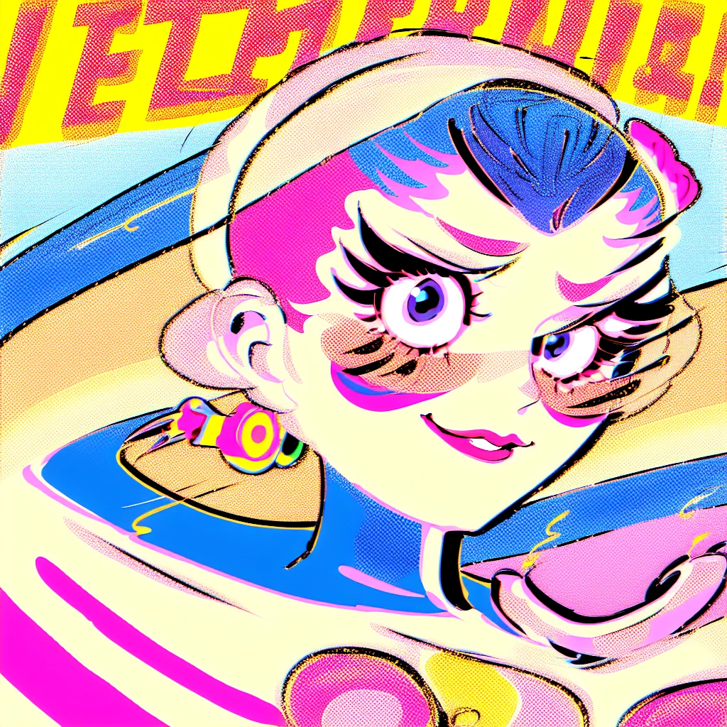 (masterpiece), Highest quality, One girl, Part your lips, Upper Body, bangs, Pastel background, Bodysuits,popart,Mixed Media,((Lichtenstein-style drawing)),(blue eyes,Wearing headphones)