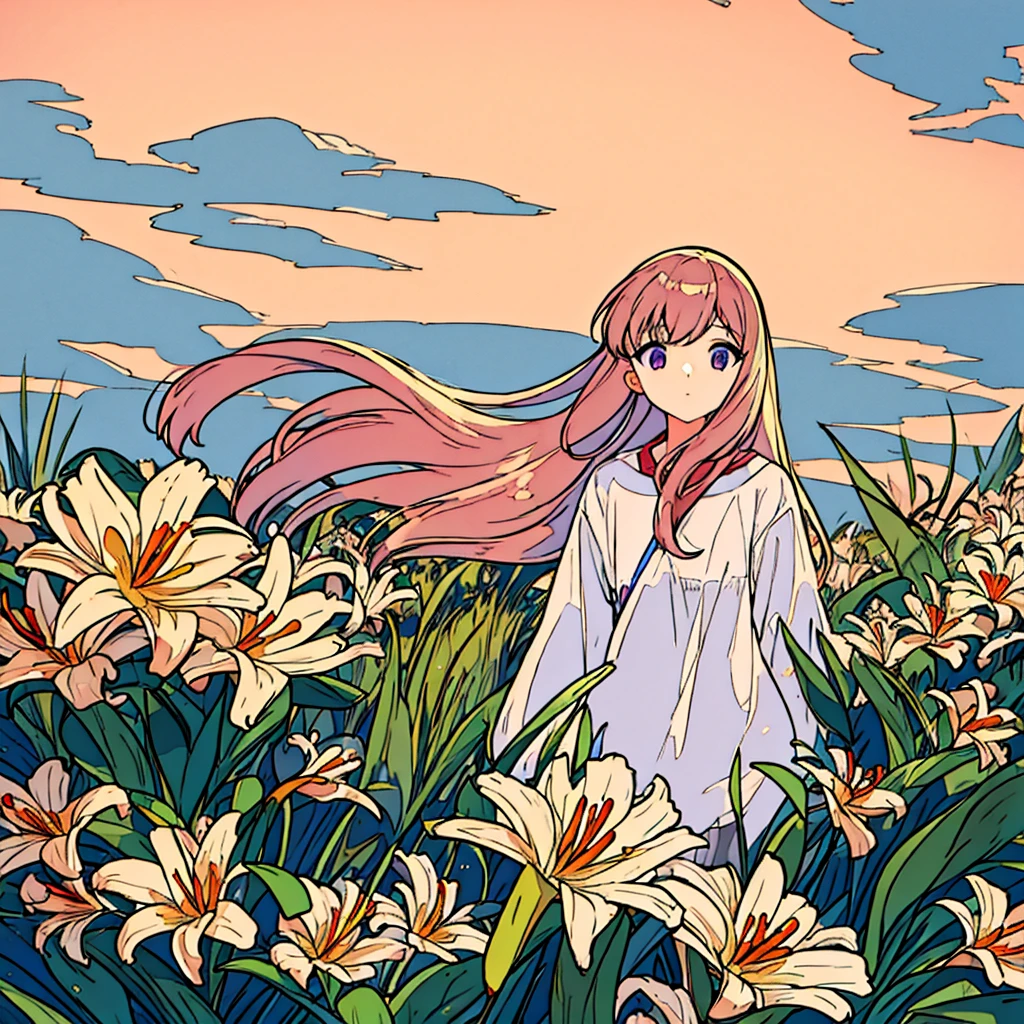 Plain sunset colored background, girl in white with bronze hair, lily flower, simple, chic, summer