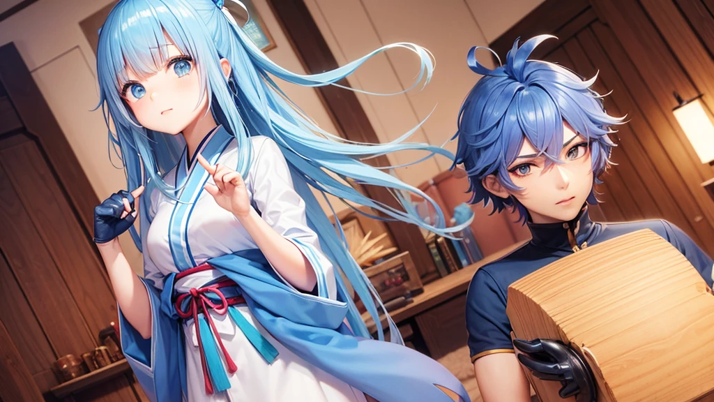 High quality, high quality, Japanese anime touch, one woman, sharp outline, long light blue hair,
Mummy man cosplay,
Cute pose, facing this way,