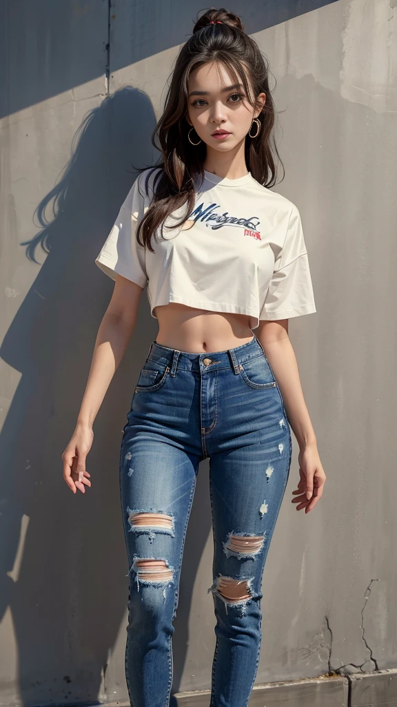 best quality:1.4), (masterpiece:1.4), (8K:1.4), (extremely detailed:1.4), full body, 1girl, jeans, crop top, against wall, hightop jays
