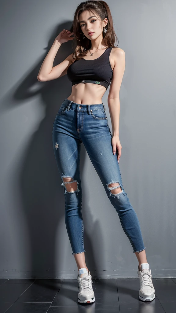best quality:1.4), (masterpiece:1.4), (8K:1.4), (extremely detailed:1.4), full body, 1girl, jeans, crop top, against wall, hightop jays