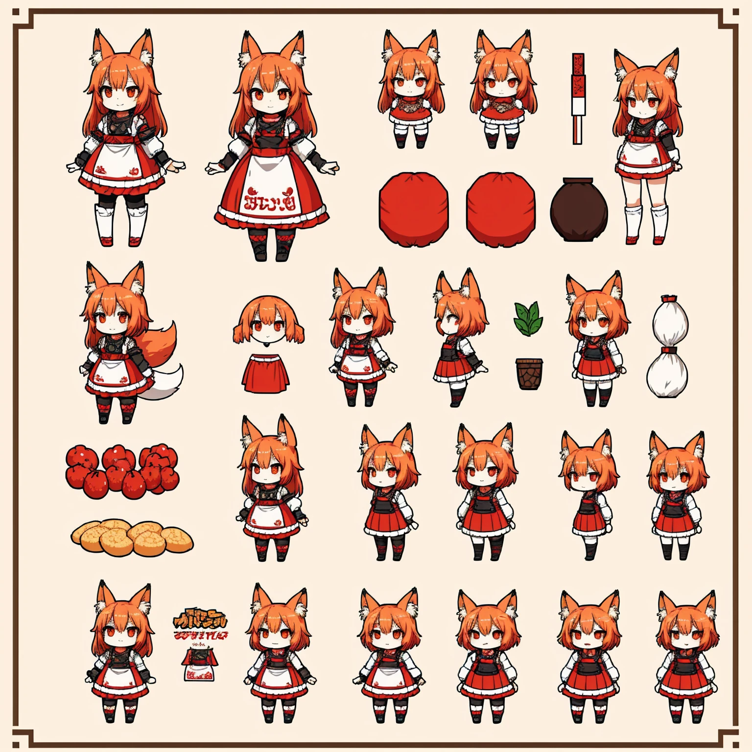 Character Sheet, Fox Girl, Food themed clothing, variation, Highest quality, pixel
