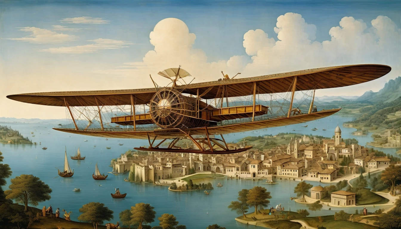 Leonardo da Vinci's innovative creations, most of which remained unrealized in his own era, come to life in this remarkable depiction. The intricate designs, from flying machines to city plans, are brought to vivid detail in this stunning painting. Each invention is meticulously rendered in exquisite detail, showcasing da Vinci's unparalleled vision and creativity. This masterful image captures the essence of da Vinci's genius and immortalizes his brilliance for generations to come.