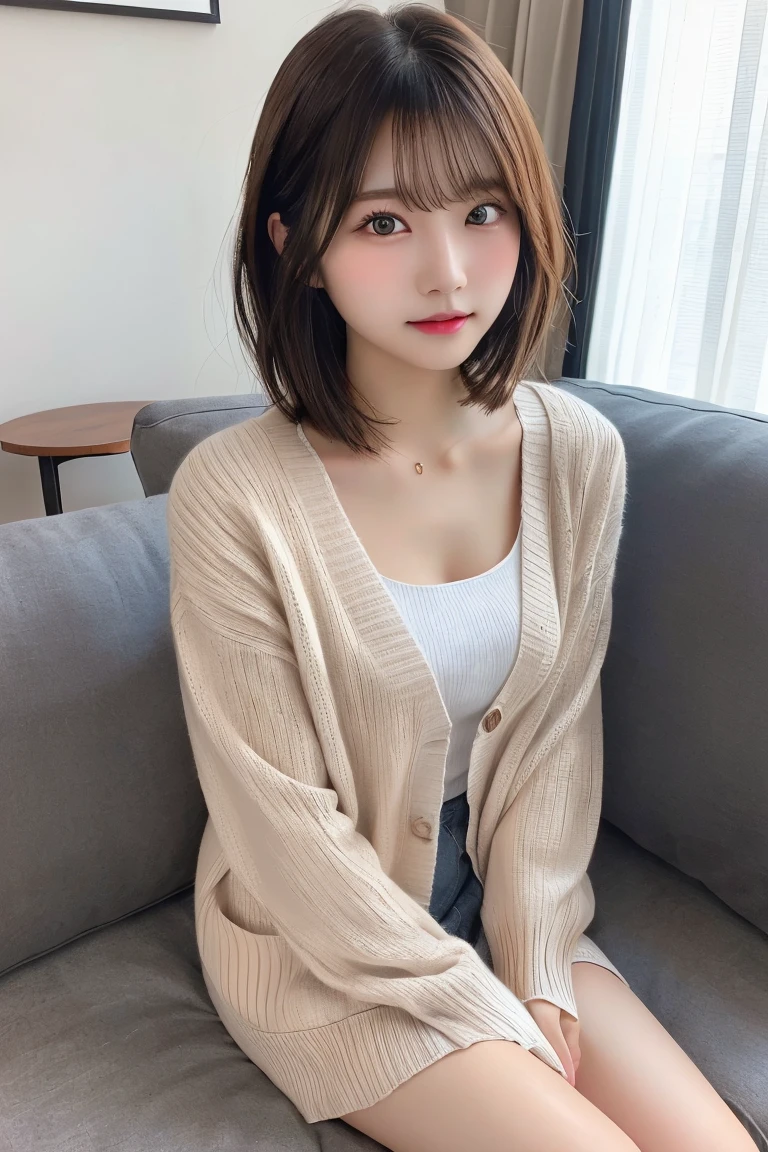 Highest quality、(beautiful)、Precision Eyes、Fine skin、Brown eyes、22-year-old female、Brown Hair、looking at the camera、Gal、Semi-short hair、Long sleeve cardigan、Sit on the sofa、Lips without makeup