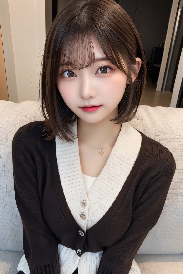 Highest quality、(beautiful)、Precision Eyes、Fine skin、Brown eyes、22-year-old female、Brown Hair、looking at the camera、Gal、Semi-short hair、Long sleeve cardigan、Sit on the sofa、Lips without makeup