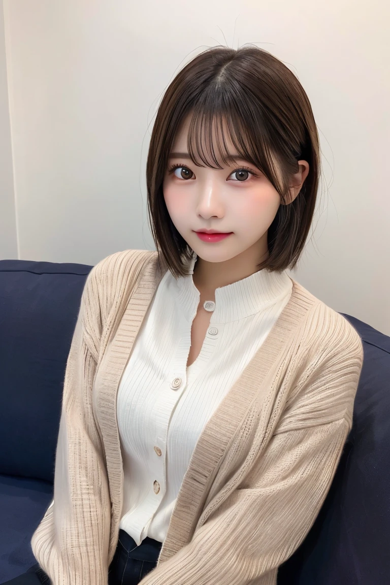 Highest quality、(beautiful)、Precision Eyes、Fine skin、Brown eyes、22-year-old female、Brown Hair、looking at the camera、Gal、Semi-short hair、Long sleeve cardigan、Sit on the sofa、Lips without makeup