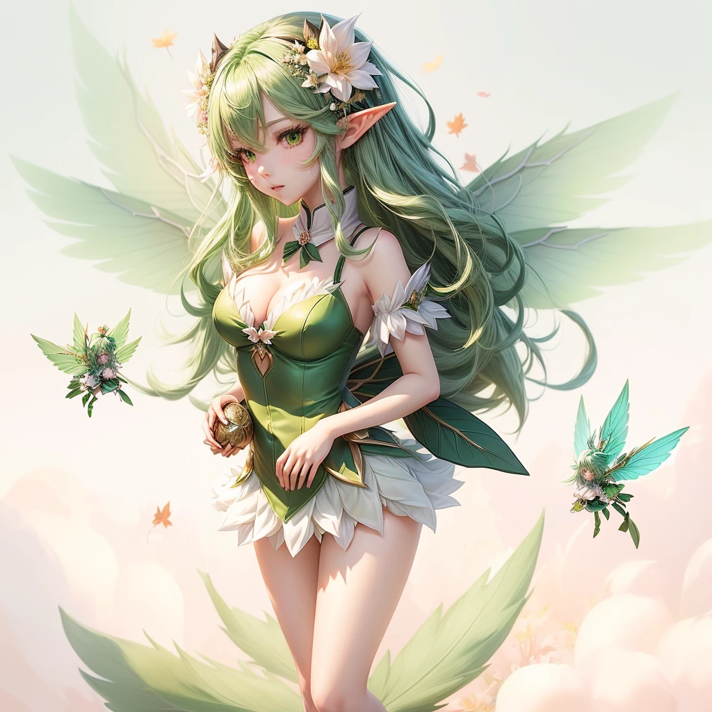 Anime girl with green hair and green wings holding a flower, Elf character, Maple Story Character Art, Official Art, Elf Girl wearing an flower suit, lady powder, 像Fairy一样微笑, Official Artwor末, Elf, Official Character Art, Fairy, Fairyrie, Elf Girl, Elf Art, Fairy