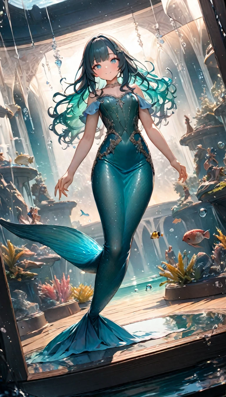 (masterpiece:1.3), (Highest quality:1.2), (figure:1.2), (Super detailed:1.2), (Pixiv:1.4), Ultra-high resolution, watercolor, A girl with blunt mimosa-colored bangs and eyes, (masterpiece:1.3), (Highest quality:1.2), (figure:1.2), (Super detailed:1.2), (Pixiv:1.4), Ultra-high resolution, watercolor,View your viewers ,Focus Eye,The Shining, Many rays, (Transparent lake:1.3), Emerald Lake, , Swimming underwater, (tropical fish:1.3) Pastel Tones, Flat Tone, Upward glance, Tilt your head, whole body, Twinkle smile, One girl, alone, , Beautiful face and eyes in every detail, mermaid,, Hair fluttering, (well-proportioned body:1.2), (Dynamic Angle:1.3) (Beautiful Hair:1.2), (masterpiece:1.2) , (Highest quality:1.2) , (Super detailed:1.2), There are 1000 small bubbles around, Bubbles in the light,
