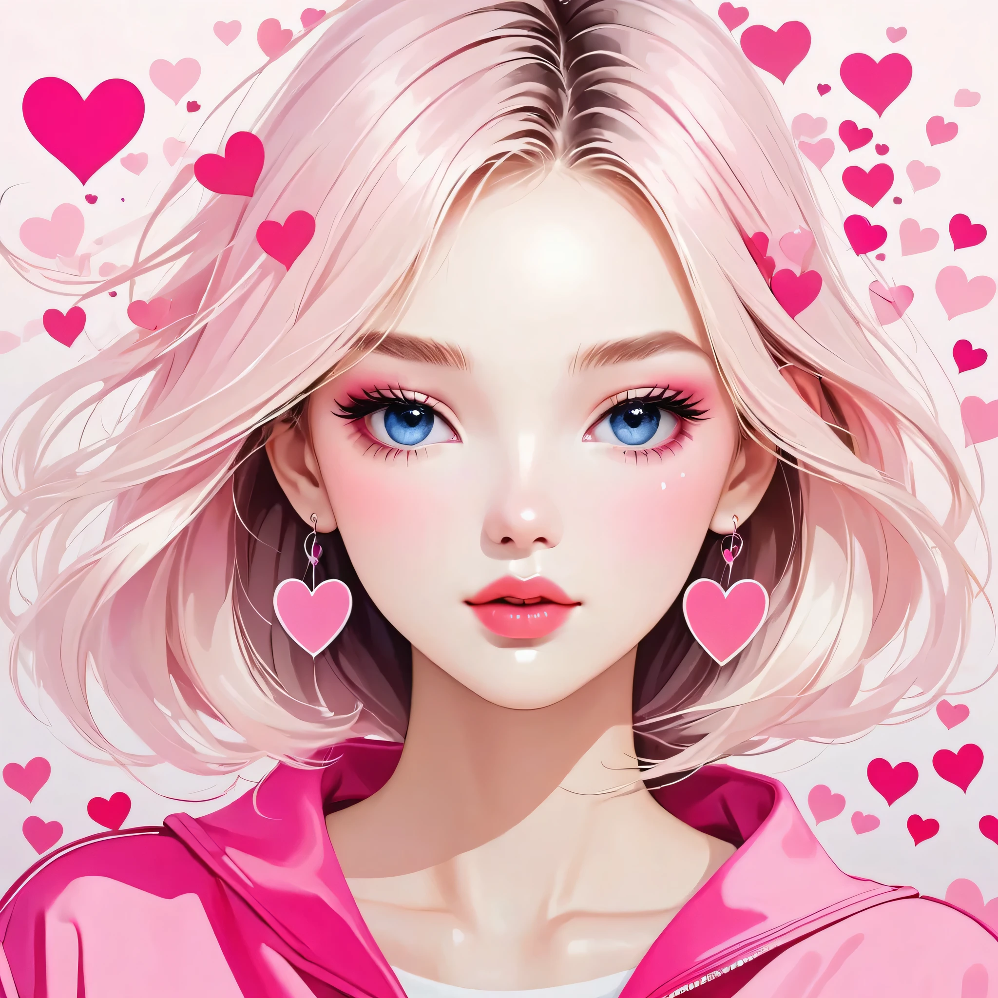 Mika Pikazo Pink and White style, Simple Line Initialism,Abstract art,Urban Background, (((The most beautiful girl of all time))), Sweet face. Lips in love, colorful hearts, stylish design