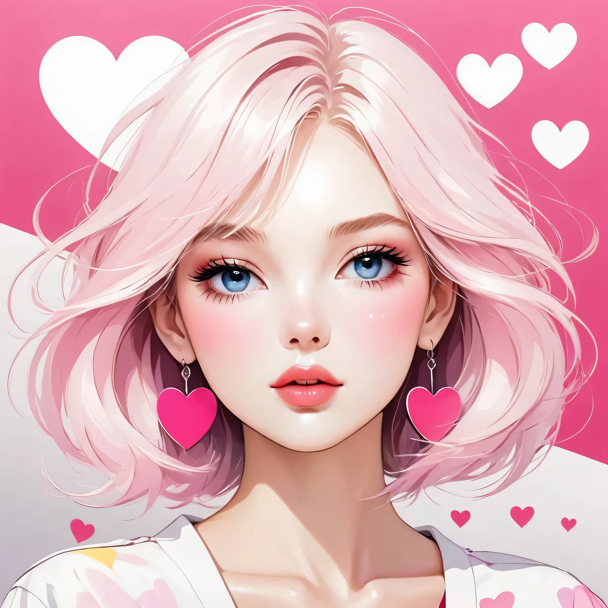 Mika Pikazo Pink and White style, Simple Line Initialism，Abstract art，Urban Background, (((The most beautiful girl of all time))), Sweet face. Lips in love, colorful hearts, stylish design