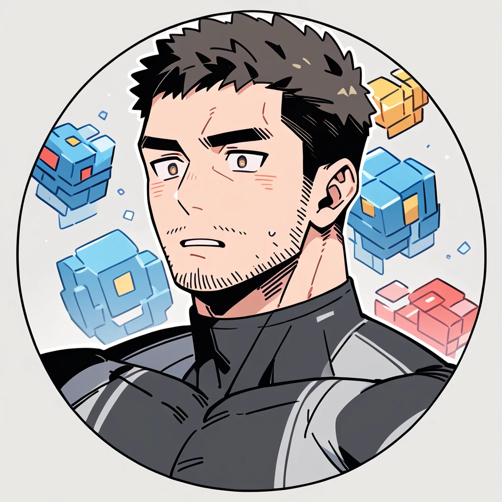 anime characters：Chris Redfield, Muscle Sports Student, Buzz Cut, Manliness, male focus, Dark black high collar long sleeve tight T-shirt, Slightly transparent material, Very tight, Round, full and perky chest muscles, muscular male, muscular, only, Upper body, alone, Black short hair, Thick eyebrows, stubble, Brown-red pupils, Grey background, simple background, amazing quality, best aesthetics, Ridiculous, crew cut, parted lips, flustered, endured face, best quality