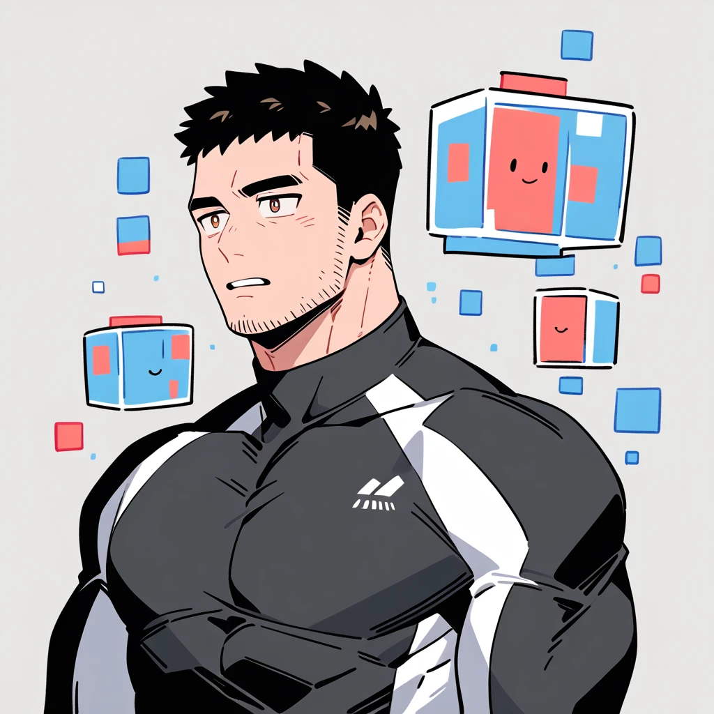 anime characters:Chris Redfield, Muscle Sports Student, Buzz Cut, Manliness, male focus, Dark black high collar long sleeve tight T-shirt, Slightly transparent material, Very tight, Round, full and perky chest muscles, muscular male, muscular, only, Upper body, alone, Black short hair, Thick eyebrows, stubble, Brown-red pupils, Grey background, simple background, amazing quality, best aesthetics, Ridiculous, crew cut, parted lips, flustered, endured face, best quality