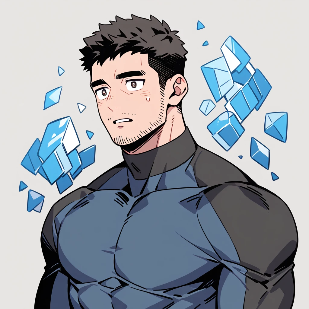 anime characters：Chris Redfield, Muscle Sports Student, Buzz Cut, Manliness, male focus, Dark black high collar long sleeve tight T-shirt, Slightly transparent material, Very tight, Round, full and perky chest muscles, muscular male, muscular, only, Upper body, alone, Black short hair, Thick eyebrows, stubble, Brown-red pupils, Grey background, simple background, amazing quality, best aesthetics, Ridiculous, crew cut, parted lips, flustered, endured face, best quality