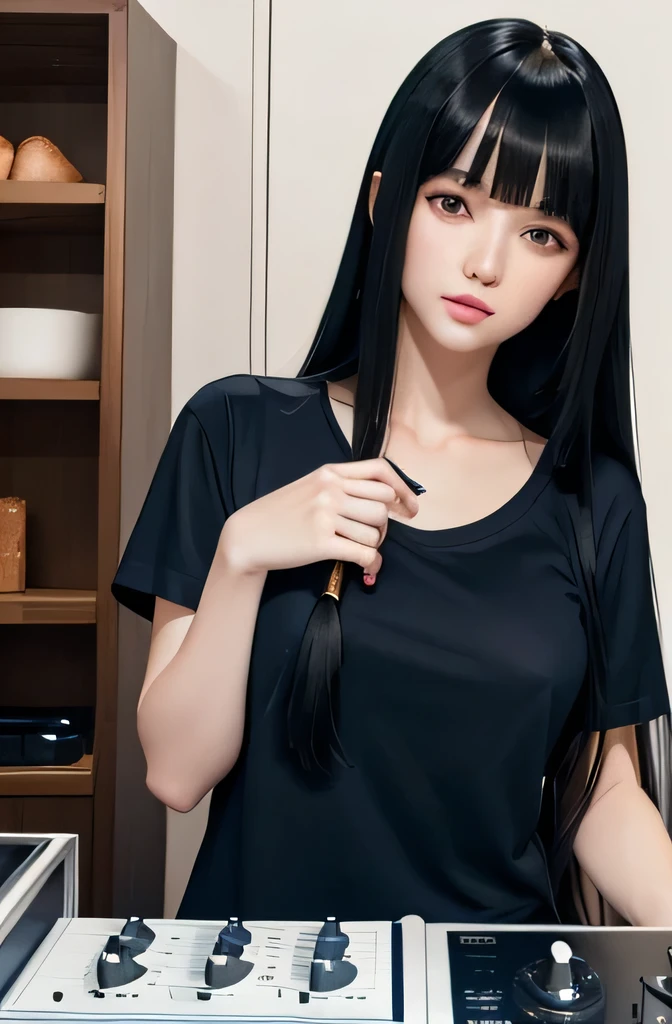 Pure white mannequin(Woman long black hair, Straight Hair, Bangs, thin and long face, Fair skin, Touching the sausage attached to the stereo, Wearing a navy blue T-shirt)